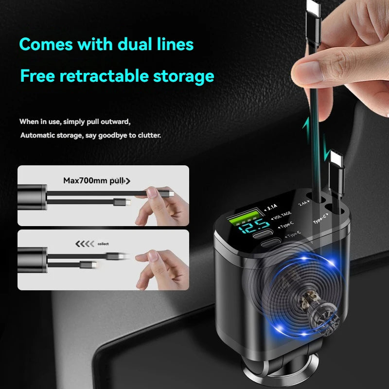 5-in-1 Retractable Car Charger - Fast Charging USB-C & USB-A