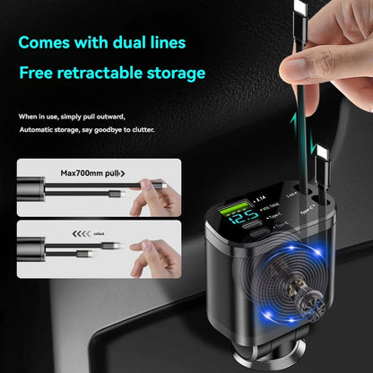 5-in-1 Retractable Car Charger - Fast Charging USB-C & USB-A