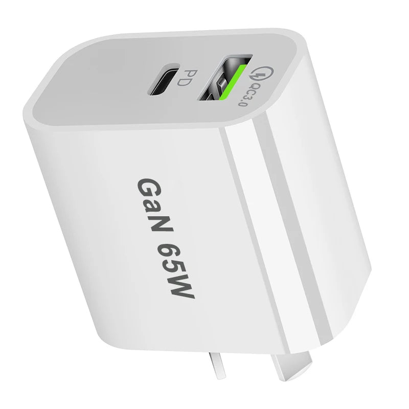 65W USB-C GaN Fast Charger - Dual Port Wall Adapter (US/EU/UK/AU)