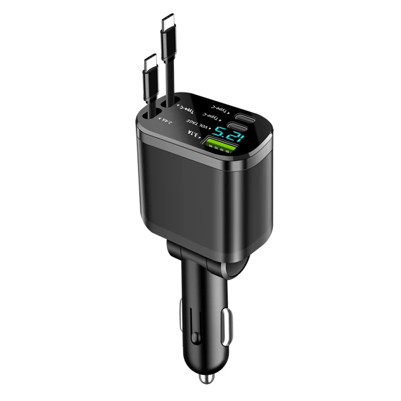 5-in-1 Retractable Car Charger - Fast Charging USB-C & USB-A