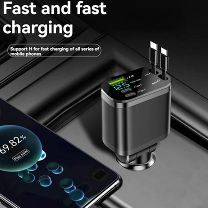 5-in-1 Retractable Car Charger - Fast Charging USB-C & USB-A
