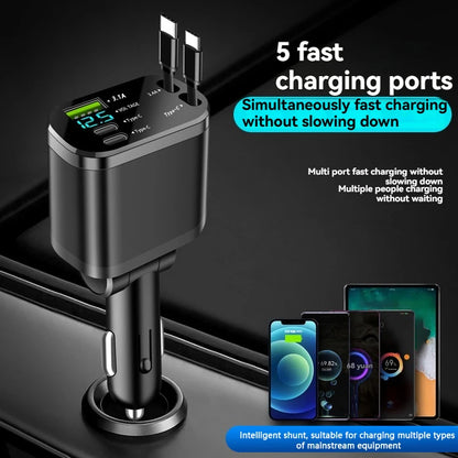 5-in-1 Retractable Car Charger - Fast Charging USB-C & USB-A