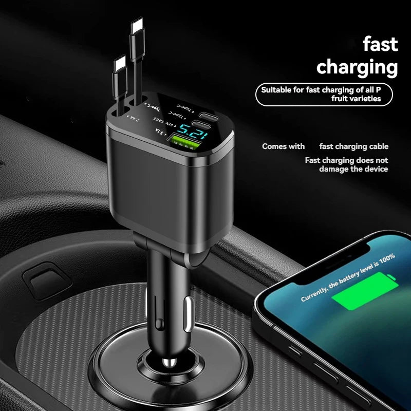 5-in-1 Retractable Car Charger - Fast Charging USB-C & USB-A
