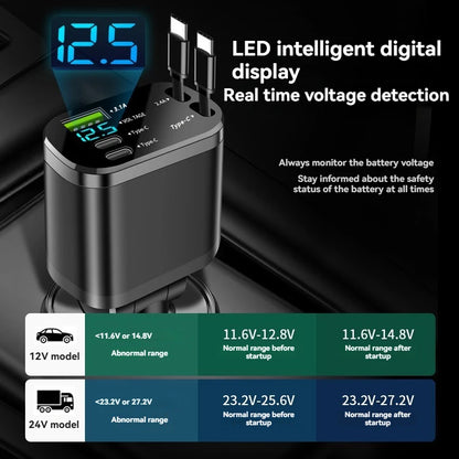5-in-1 Retractable Car Charger - Fast Charging USB-C & USB-A