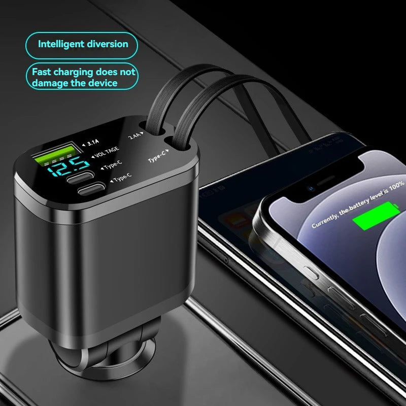 5-in-1 Retractable Car Charger - Fast Charging USB-C & USB-A
